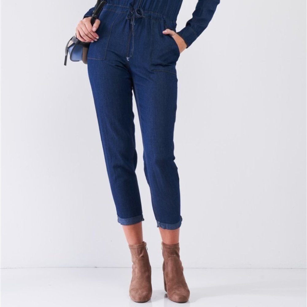 Dark Blue Long Sleeve Button Down Front Self-Tie Waist Denim Jumpsuit - Picture 4 of 5
